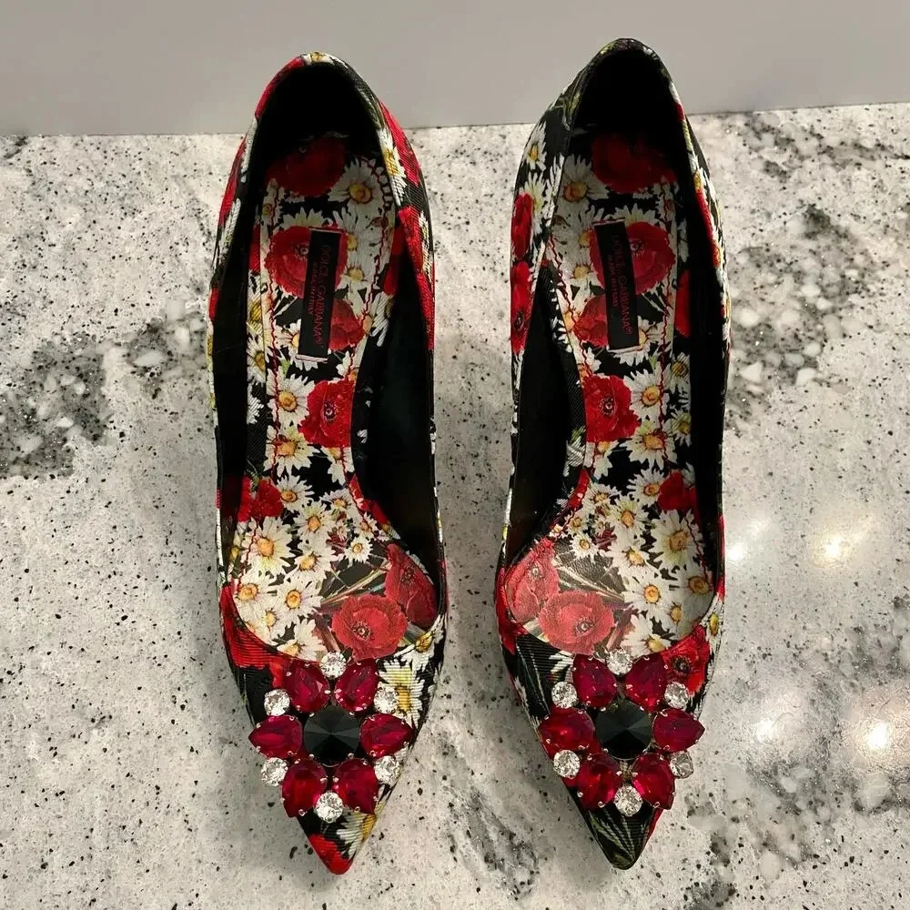 Dolce & Gabbana Pumps Floral Print Crystal Flower High Stiletto Heel Size 39.5